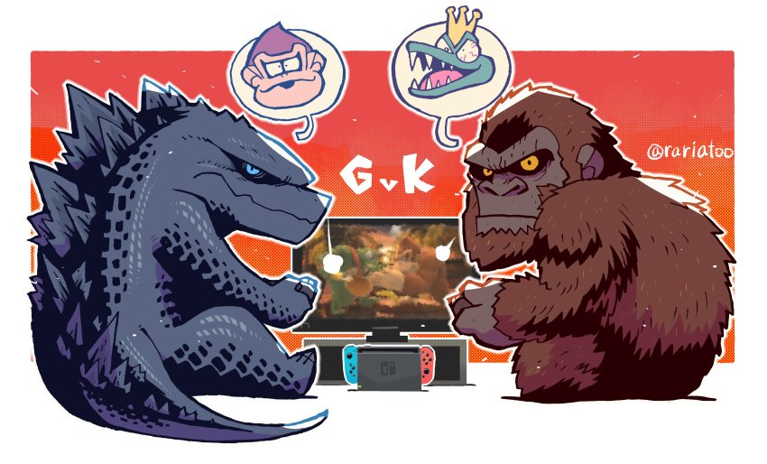 absurdres blue_eyes crossover crown donkey_kong donkey_kong_(series) fur godzilla godzilla_(series) godzilla_vs._kong gorilla highres king_k._rool king_kong king_kong_(series) kong_(monsterverse) legendary_pictures looking_at_viewer monsterverse multiple_crossover nintendo nintendo_switch rariatto_(ganguri) scales speech_bubble super_smash_bros. television toho yellow_eyes