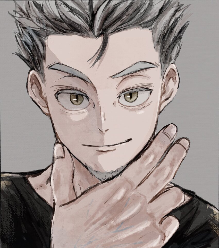 1boy aged_up black_hair black_shirt bokuto_koutarou closed_mouth facial_hair goatee grey_background grey_hair haikyuu!! hand_on_own_chin highres ilst_prac_hq light_smile looking_at_viewer male_focus multicolored_hair portrait shirt short_hair simple_background slit_pupils solo streaked_hair two-tone_hair yellow_eyes