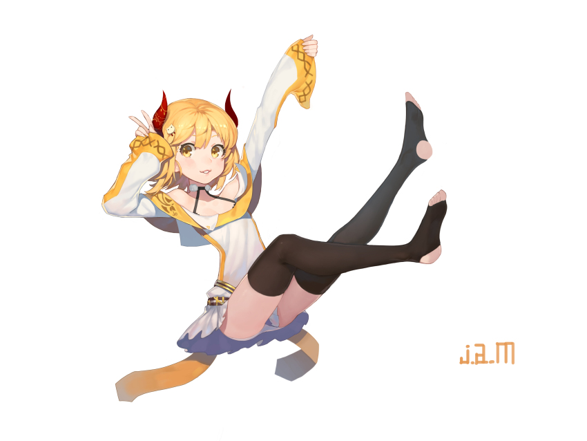 1girl absurdres arm_up artist_name bare_shoulders belt black_choker black_thighhighs blonde_hair breasts brown_belt cat_hair_ornament choker cleavage clothes_grab commentary_request dress flat_chest floating hair_ornament hairclip halterneck highres horns jam_(nandade) korean_commentary legs_up long_sleeves looking_at_viewer mase_(hwangabi) medium_hair multicolored_dress multiple_belts no_shoes off-shoulder_dress off_shoulder original panties pleated_dress pom_pom_(clothes) red_horns second-party_source short_dress simple_background sleeve_grab smile solo stirrup_legwear thighhighs toeless_legwear underwear v v_over_head white_background white_dress white_panties yellow_dress yellow_eyes zettai_ryouiki