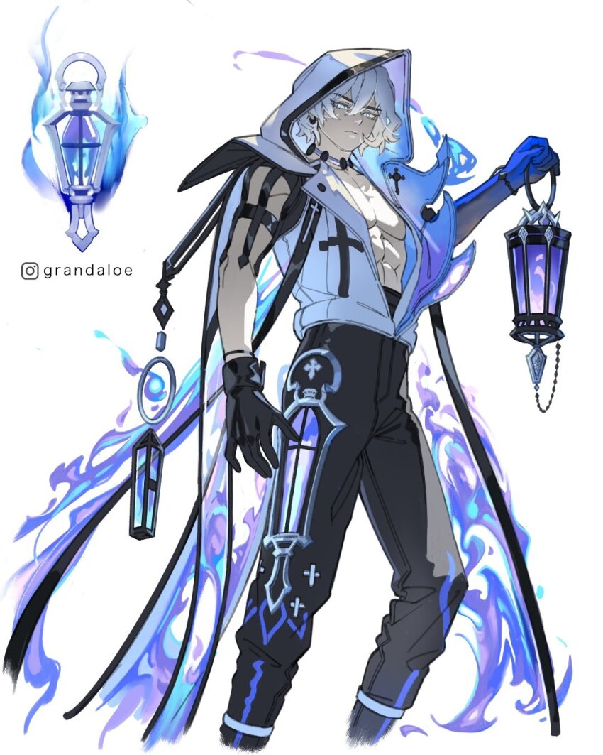 1boy abs arm_at_side artist_name black_gloves black_pants blue_fire blue_hands closed_mouth colored_extremities colored_skin commentary cropped_legs english_commentary feet_out_of_frame fire flins_(genshin_impact) genshin_impact gloves grandaloe hair_between_eyes hand_up highres hood hood_up hooded_jacket instagram_logo instagram_username jacket lamp male_focus objectification pants pectorals personification purple_fire short_hair sleeveless sleeveless_jacket solo standing toned toned_male white_hair white_skin