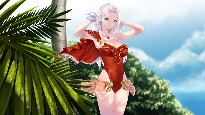 1girl blue_eyes blue_ribbon blue_sky breasts cait_aron cleavage closed_mouth cloud covered_navel day edelgard_von_hresvelg edelgard_von_hresvelg_(summer) fire_emblem fire_emblem:_three_houses fire_emblem_heroes flower hair_flower hair_ornament hair_ribbon highres jewelry looking_at_viewer medium_breasts necklace nintendo official_alternate_costume one-piece_swimsuit outdoors red_one-piece_swimsuit ribbon sky smile solo standing swimsuit thighs white_flower white_hair