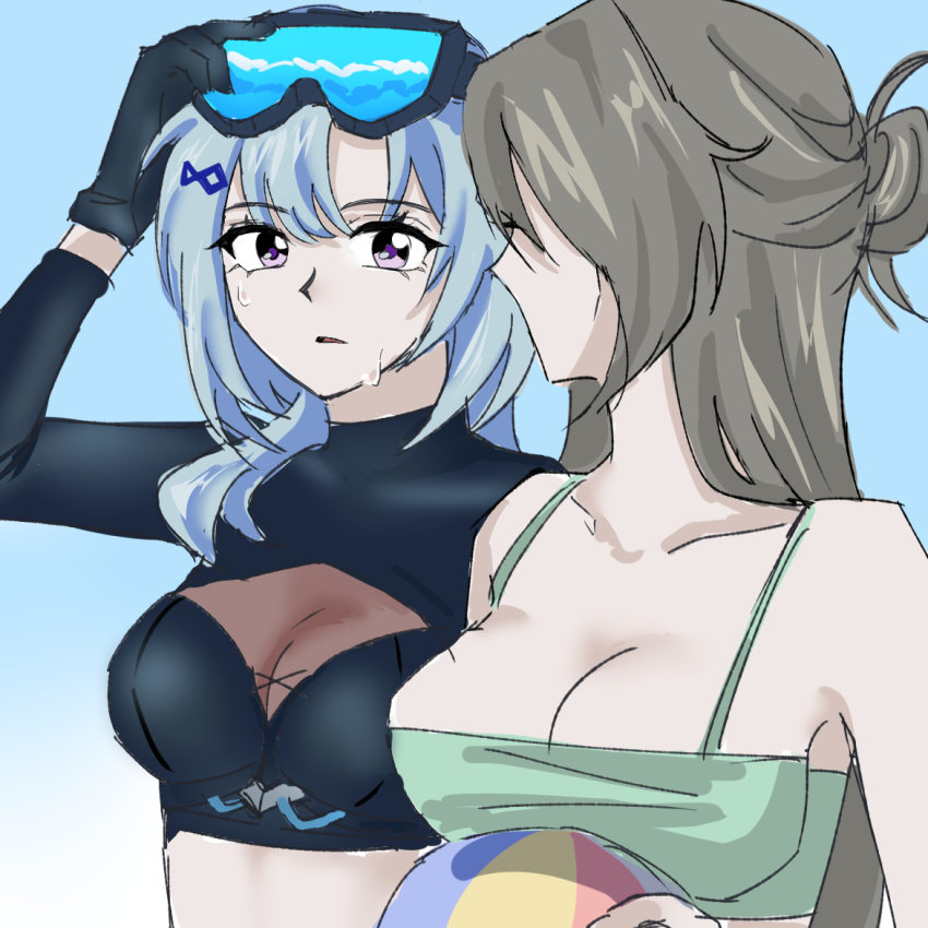 2girls ball beachball black_gloves blue_hair breasts cleavage cleavage_cutout clothing_cutout commentary_request diving_mask diving_mask_on_head diving_suit ehakehak gloves goggles goggles_on_head grey_hair griseo griseo_(cosmic_expression) griseo_(star-speckled_blue) holding holding_ball honkai_(series) honkai_impact_3rd korean_commentary large_breasts long_hair looking_at_another multiple_girls official_alternate_costume purple_eyes see-through_cleavage see-through_clothes two-tone_background very_long_hair vita_(honkai_impact) wet