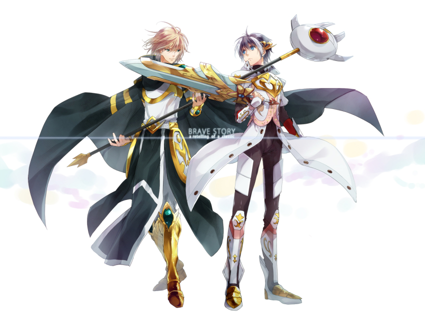2boys blonde_hair blue_eyes brave_story cape green_eyes huge_weapon mitsuru_(brave_story) multicolored_hair multiple_boys nakagawa_waka staff sword wataru_(brave_story) weapon