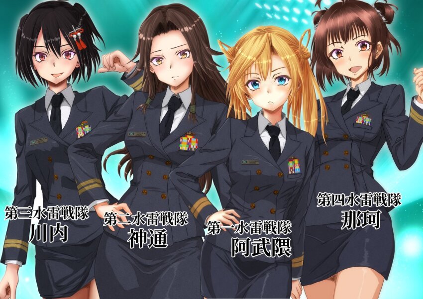 4girls abukuma_(kancolle) alternate_costume antenna_hair black_hair black_jacket black_necktie black_skirt blonde_hair blue_eyes breasts brown_eyes brown_hair buttons collared_shirt commentary_request double-breasted double_bun hair_between_eyes hair_bun hair_ornament hair_rings hisamatomoki jacket jintsuu_(kancolle) kantai_collection long_hair long_sleeves looking_at_viewer medium_breasts military_dress_uniform military_rank_insignia military_uniform miniskirt multiple_girls naka_(kancolle) naka_kai_ni_(kancolle) naval_dress_uniform naval_uniform necktie open_mouth ribbon_bar sendai_(kancolle) sendai_kai_ni_(kancolle) shirt short_hair signature skirt translation_request twintails two_side_up white_shirt yellow_eyes