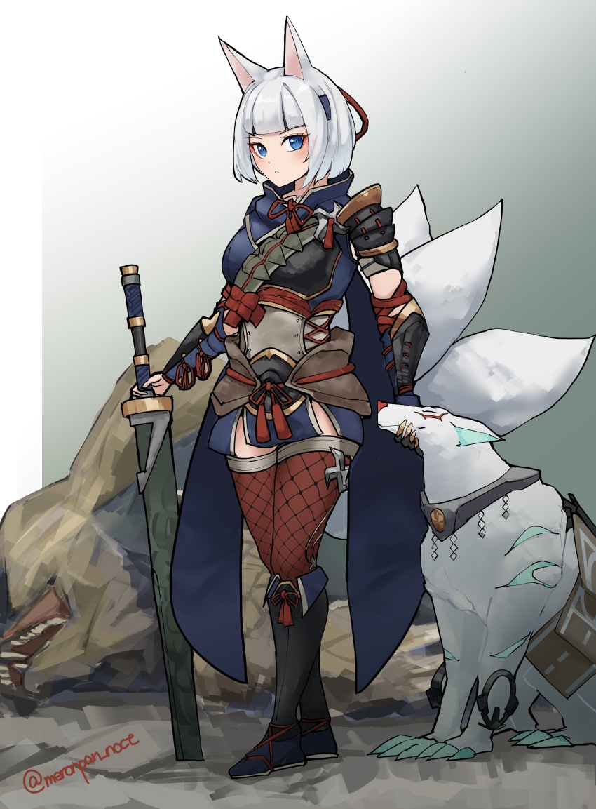 1girl absurdres alternate_costume ammunition_belt armor artist_name asymmetrical_clothes azur_lane black_boots blue_eyes boots breasts canyne collar eyeshadow fishnet_thighhighs fishnets full_body highres holding holding_sword holding_weapon kaga_(azur_lane) kitsune knee_boots large_tail looking_at_viewer makeup medium_breasts metal_collar nocturnal_melonpan pauldrons planted planted_sword planted_weapon red_eyeshadow short_hair shoulder_armor sideways_glance single_pauldron solo sword tail thighhighs weapon white_hair