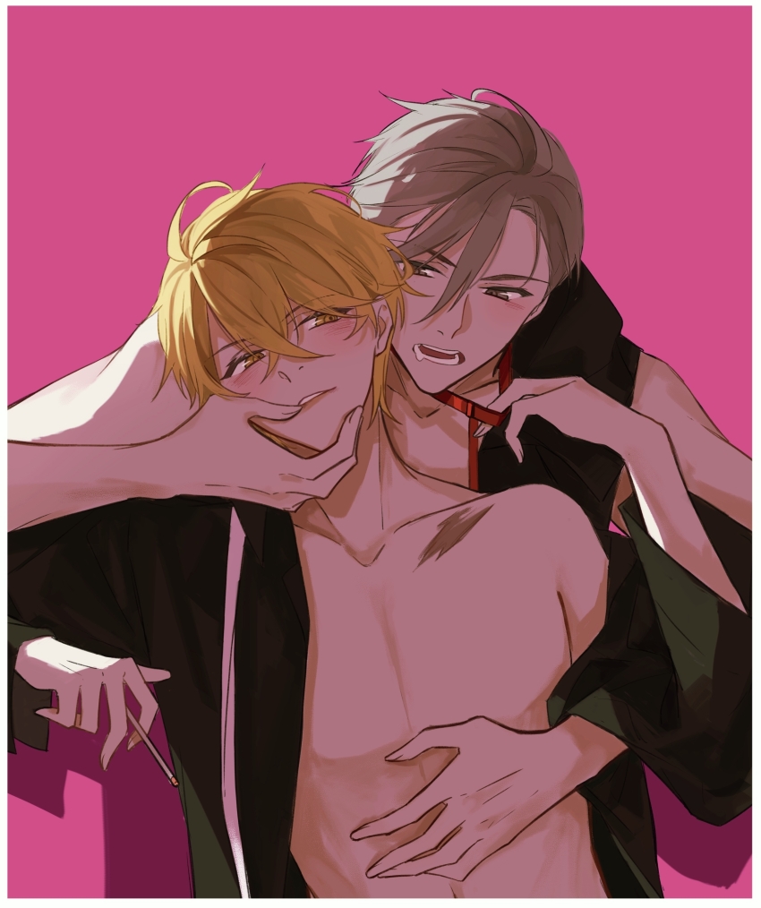 2boys absurdres asymmetrical_bangs between_fingers black_shirt blonde_hair blush border choker_pull cigarette collar collarbone crossed_bangs drooling eye_contact giancarlo_bourbon_del_monte grey_eyes grey_hair hair_between_eyes hand_on_another&#039;s_chin highres holding holding_cigarette hug hug_from_behind ivan_fiore leash lips long_sleeves looking_at_another lucky_dog_1 male_focus mohexi459 mouth_drool multiple_boys open_clothes open_mouth open_shirt parted_lips pink_background red_collar scar scar_on_chest shirt short_hair sideways_glance simple_background single_bare_shoulder sleeveless sleeveless_shirt smile teeth upper_body white_border yaoi yellow_eyes