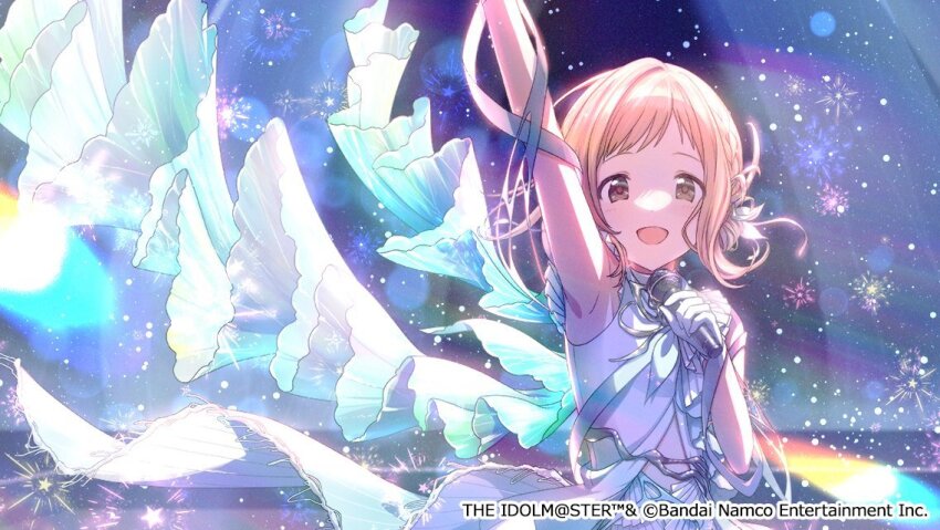 1girl brown_eyes brown_hair dress holding holding_microphone idolmaster idolmaster_(classic) idolmaster_shiny_colors idolmaster_shiny_colors_song_for_prism microphone official_art open_mouth sakuragi_mano smile solo white_dress