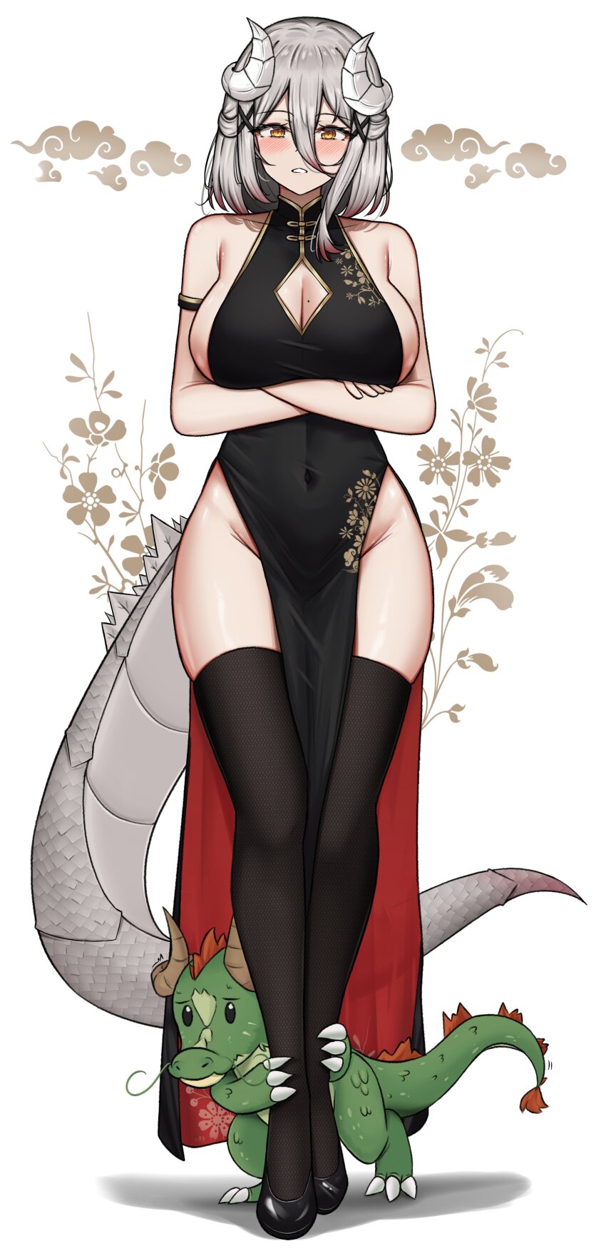 1girl absurdres black_dress black_shoes black_thighhighs blush breasts china_dress chinese_clothes cleavage cleavage_cutout clothing_cutout commentary crossed_arms curled_horns double-parted_bangs dragon dragon_girl dragon_horns dragon_tail dress english_commentary full_body grey_hair groin hair_between_eyes highres horns large_breasts long_hair_between_eyes looking_at_viewer mole mole_on_breast original parted_lips pelvic_curtain shoes sleeveless sleeveless_dress solo straight-on tail thighhighs thighs white_background yellow_eyes yuka_(yukaraishin) yukaraishin