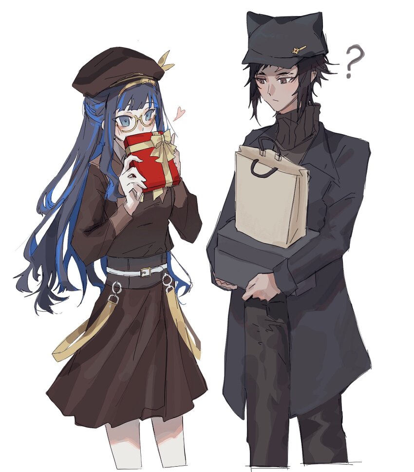 1boy 1girl ? bag black_hair blue_hair colored_inner_hair fate/grand_order fate_(series) fuyotan gift glasses grey_eyes hat heart highres holding holding_gift izcalli_(fate) multicolored_hair scar scar_on_face scar_on_forehead skirt tenochtitlan_(fate) wavy_hair white_background