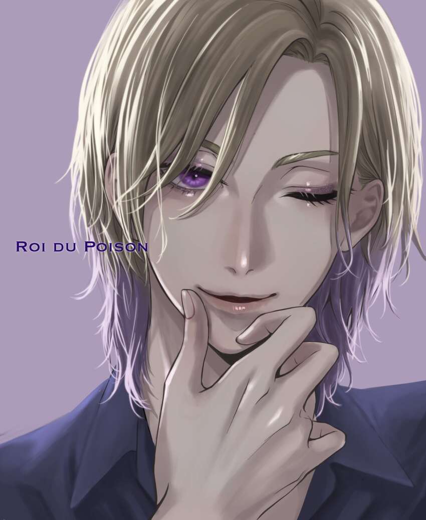 1boy blonde_hair blue_shirt commentary_request gradient_hair hand_up highres looking_at_viewer male_focus multicolored_hair one_eye_closed portrait purple_background purple_eyes purple_hair shirt simple_background solo twisted_wonderland ukichan12011 vil_schoenheit