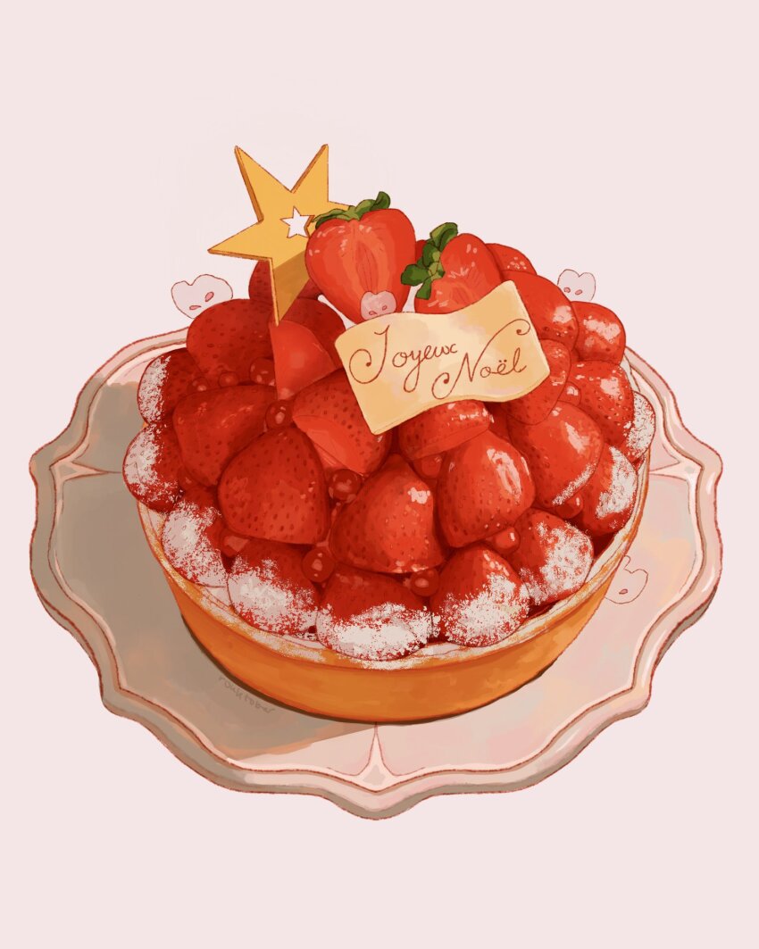cake dessert food food_focus fruit highres no_humans original pink_background plate rokktober shadow simple_background star_(symbol) still_life strawberry strawberry_slice