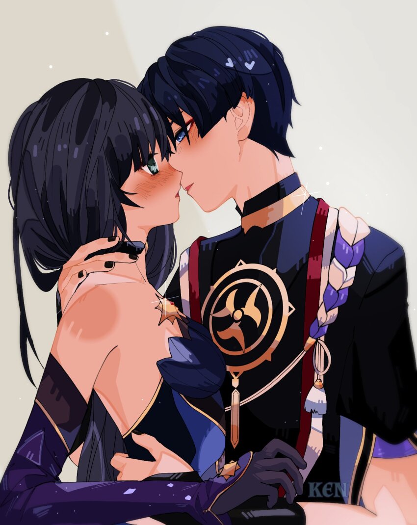 1boy 1girl alternate_hairstyle armor artist_name black_bodysuit black_choker black_gloves black_hair black_kimono black_nails black_sleeves blue_eyes blue_leotard blunt_bangs blunt_ends blush bodystocking bodysuit breasts brown_background choker collarbone couple curled_fingers detached_sleeves elbow_gloves eye_contact eyeliner eyeshadow genshin_impact gloves gold gold_trim green_eyes grey_hair hair_down half-closed_eyes han&#039;eri hand_on_another&#039;s_nape hand_on_another&#039;s_waist heart hetero highres imminent_kiss japanese_armor japanese_clothes jewelry kimono kote kurokote layered_kimono layered_sleeves leotard long_hair looking_at_another makeup mandarin_collar medium_breasts mitsudomoe_(shape) mona_(genshin_impact) moriko_ken11 multicolored_hair neck_ring open_clothes open_kimono open_mouth purple_eyes purple_rope purple_sleeves red_eyeliner red_eyeshadow red_kimono rope scaramouche_(genshin_impact) shimenawa short_sleeves star_(symbol) star_choker strapless strapless_leotard streaked_hair tassel tomoe_(symbol) white_kimono white_rope