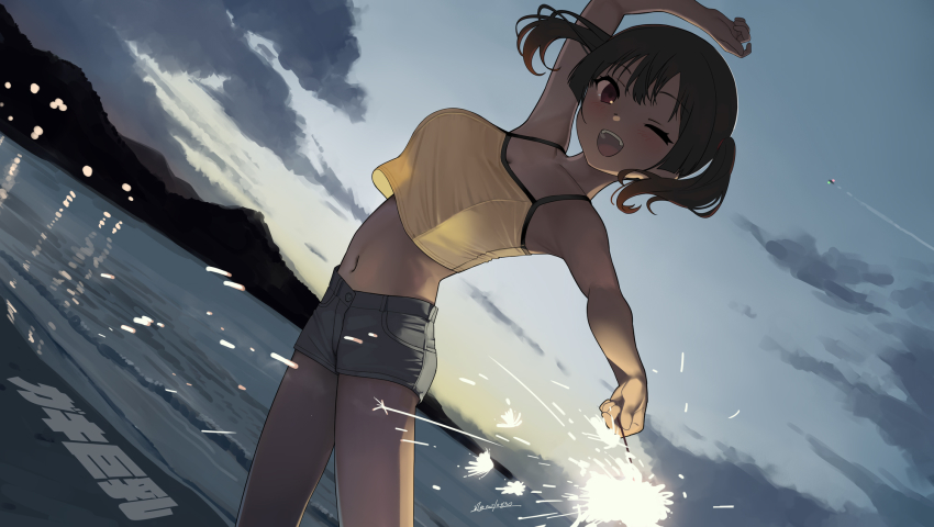 1girl ;d arm_up black_hair breasts camisole cloud dawn grey_shorts grey_sky highres holding holding_fireworks kaedeko_(kaedelic) large_breasts looking_at_viewer midriff navel ocean one_eye_closed open_mouth original outdoors red_eyes sasaki_kanna short_hair shorts sky smile solo standing teeth thighs twintails upper_teeth_only yellow_camisole