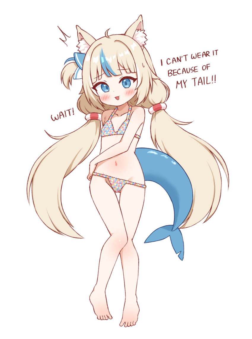 1girl animal_ear_fluff animal_ears barefoot bikini blonde_hair blue_eyes blue_streaks blush cat_ears english_text feet fins fish_tail full_body gba_jasjas gluteal_fold highres indie_virtual_youtuber legs lifebuoy_hair_ornament loli long_hair low_twintails lowleg lowleg_bikini multicolored_hair navel one_side_up open_mouth sameko_saba solo standing streaked_hair swimsuit tail thigh_gap thighs toes twintails virtual_youtuber