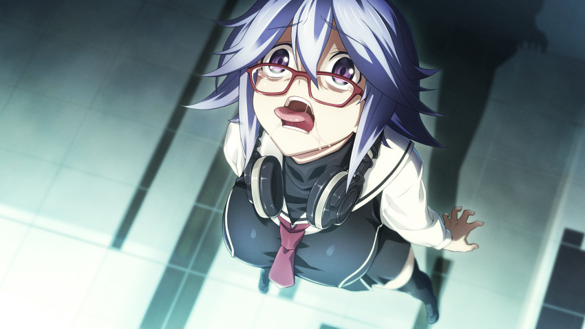 1girl between_breasts black_dress black_thighhighs blue_hair blurry blurry_background breasts buttons chaos;child chest_bow colored_eyelashes constricted_pupils double-breasted dress dress_shirt floor_tiles from_above game_cg glasses hair_between_eyes headphones headphones_around_neck hekiho_academy hekiho_academy_uniform high_collar highres kazuki_hana large_breasts loafers long_sleeves looking_up miniskirt necktie necktie_between_breasts non-web_source official_art purple_eyes red-framed_eyewear red_necktie sailor_collar saliva saliva_trail sasaki_mutsumi scared school_uniform shadow shirt shoes short_hair sidelocks skirt thighhighs tongue tongue_out white_sleeves