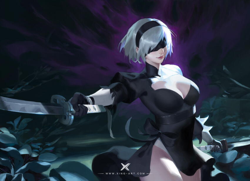1girl 2b_(nier:automata) artist_name black_bow black_dress black_gloves black_hairband blindfold bow breasts chinese_commentary cleavage cleavage_cutout closed_mouth clothing_cutout cloud cloudy_sky commentary_request cowboy_shot dress dual_wielding fighting_stance frilled_sleeves frills gloves grey_hair hairband highres holding holding_sword holding_weapon katana large_breasts light_smile lipstick makeup nier:automata nier_(series) outdoors panties pink_lips plant puffy_short_sleeves puffy_sleeves purple_sky short_dress short_hair short_sleeves sky solo standing starlab sword turtleneck turtleneck_dress underwear upskirt waist_bow watermark weapon white_panties