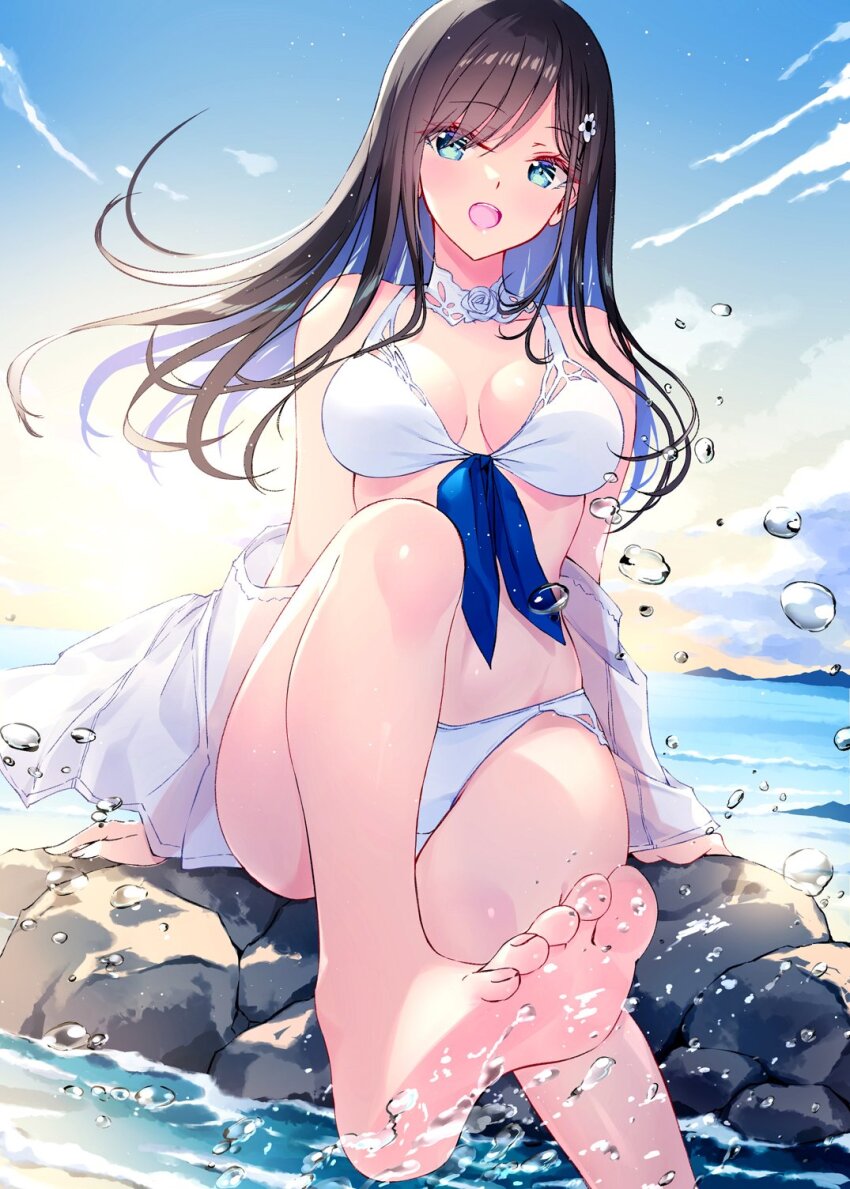 1girl bare_shoulders barefoot beach bikini black_hair blue_eyes blush breasts choker closed_mouth floating_hair flower hair_ornament highres jacket kobayashi_chisato long_hair looking_at_viewer medium_breasts navel open_mouth original outdoors rock see-through_clothes sitting smile solo stomach swimsuit water water_drop white_bikini white_choker