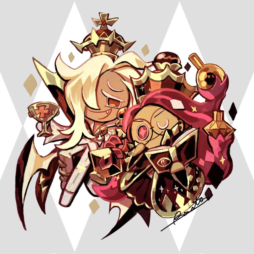 +_+ 1boy 1girl alchemist_cookie alchemist_cookie_(guileful_queen) blonde_hair book bright_pupils brother_and_sister brown_dress closed_mouth cookie_run cookie_run:_ovenbreak crown dress fang gold_trim grey_background hair_over_one_eye highres holding holding_book jacket long_hair long_sleeves looking_at_viewer official_alternate_costume official_alternate_eye_color official_alternate_hair_color official_alternate_hairstyle one_eye_closed open_mouth orange_eyes pants potion red_eyes red_hair rn9j siblings simple_background smile sparkle two-tone_background vampire_cookie vampire_cookie_(insouciant_king) white_background white_footwear white_jacket white_pants wide_sleeves