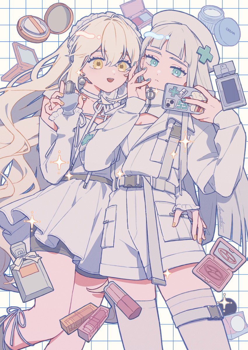 2girls absurdres arm_around_waist beret bike_shorts_under_skirt blue_eyes bottle bow buckle cellphone clothing_cutout compact_(cosmetics) cosmetics dress earrings expressionless frilled_bow frilled_hairband frills grid_background hairband hand_on_own_face hat high_collar highres holding holding_phone jewelry jitome layered_sleeves leg_lift lemontea lipstick_tube long_hair long_sleeves looking_at_object looking_at_phone makeup mistee_(lemontea) multiple_girls nail_polish nail_polish_bottle open_mouth original perfume_bottle phone ribbon sana_(lemontea) short_jumpsuit shoulder_cutout smartphone smile snap-fit_buckle sparkle taking_picture thigh_strap thighhighs very_long_hair white_hair white_theme yellow_eyes zipper_pull_tab