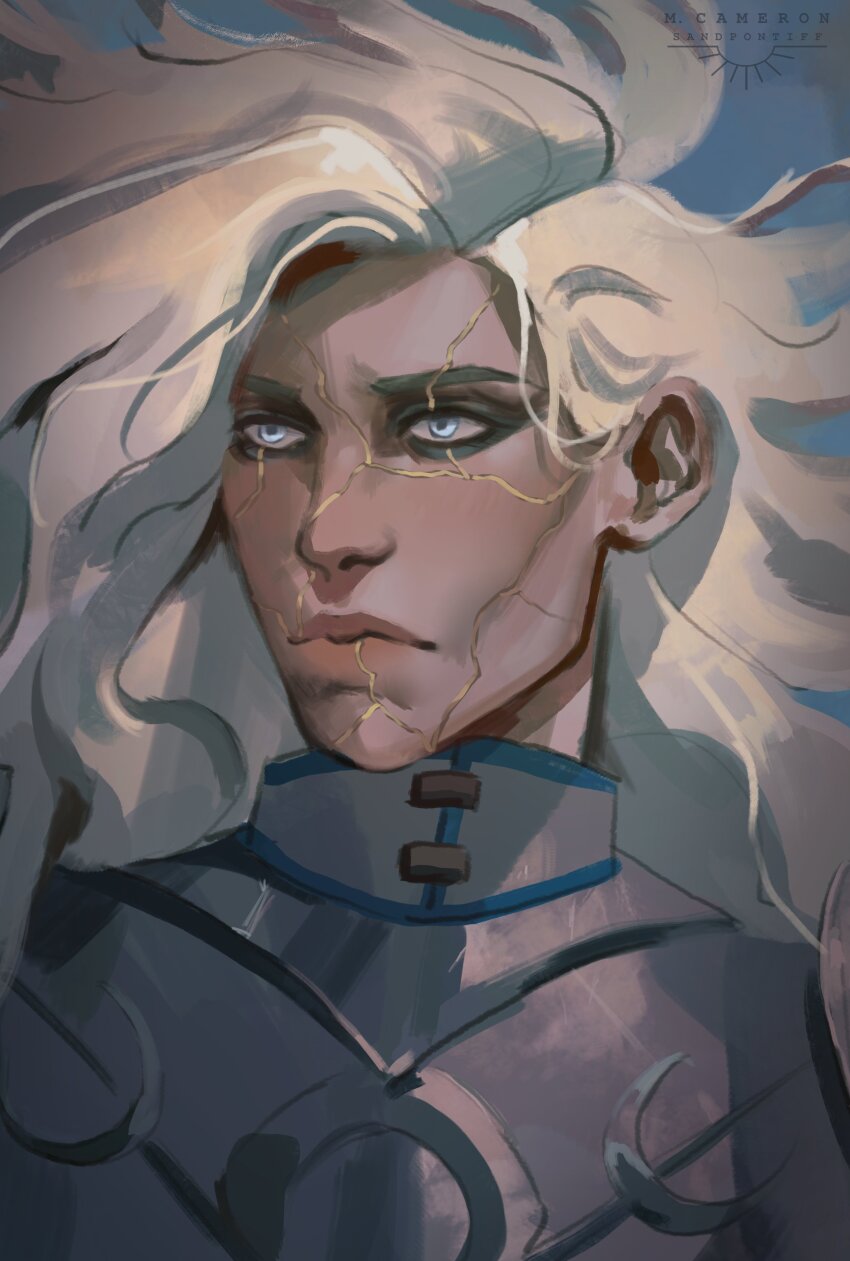 1girl absurdres angel armor baldur&#039;s_gate baldur&#039;s_gate_3 blonde_hair blue_eyes cracked_skin dame_aylin expressionless eyeshadow highres makeup paladin portrait sandpontiff