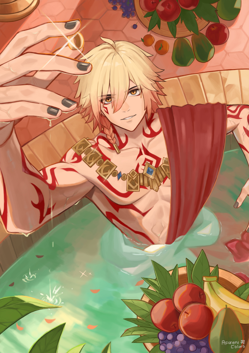 1boy abs absurdres afureru_colors arm_support arm_tattoo arm_up banana bathhouse black_nails blonde_hair braid chest_tattoo facial_tattoo food fruit fruit_bowl gold_necklace gold_ring gradient_hair grapes hair_between_eyes hand_up highres holding holding_jewelry holding_ring honkai:_star_rail honkai_(series) jewelry looking_at_object looking_up male_focus medium_hair multicolored_hair mydei_(honkai:_star_rail) necklace partially_submerged red_hair red_tattoo ring side_braid solo tattoo toned toned_male water yellow_eyes