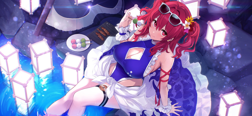 1girl alternate_costume arm_ribbon blush breasts cleavage cleavage_cutout closed_mouth clothing_cutout clothing_request coin coin_on_string commentary_request dango eyewear_on_head flower food game_cg glint hair_flower hair_ornament holding holding_skewer holed_coin lantern large_breasts looking_at_viewer official_art onozuka_komachi plate red_eyes red_hair red_ribbon ribbon sanshoku_dango scythe sitting skewer smile soaking_feet solo sunglasses thigh_strap thighs third-party_source touhou touhou_gensou_eclipse two_side_up untue wagashi water wet white_flower wrist_cuffs yellow_flower