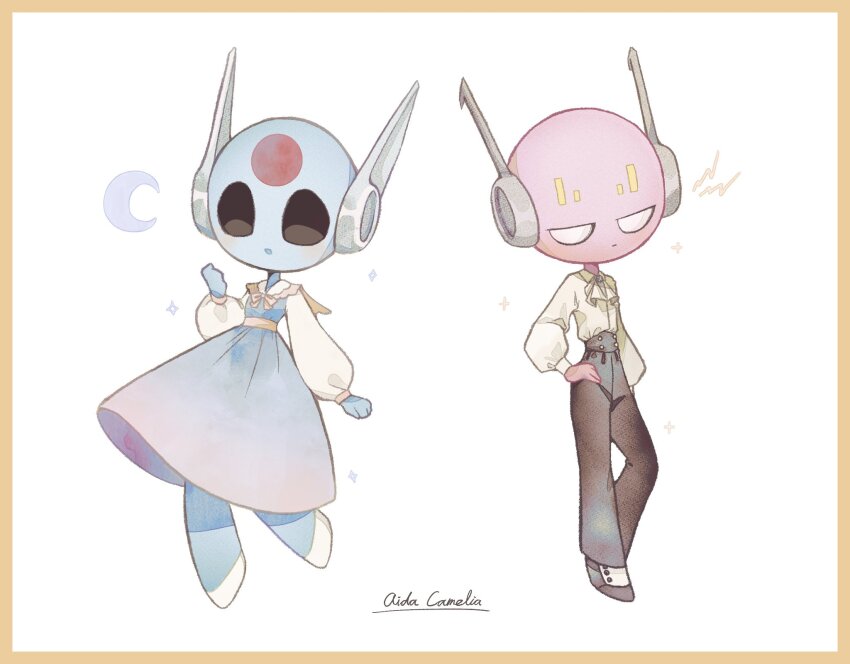 1boy 1girl aida_(aidacamelia0516) ascot blue_skin brown_pants colored_skin five_pebbles full_body high-waist_pants highres iterator_(rain_world) long_sleeves looking_at_viewer looks_to_the_moon open_mouth pants puffy_long_sleeves puffy_sleeves rain_world red_skin robot_ears shirt white_ascot white_shirt