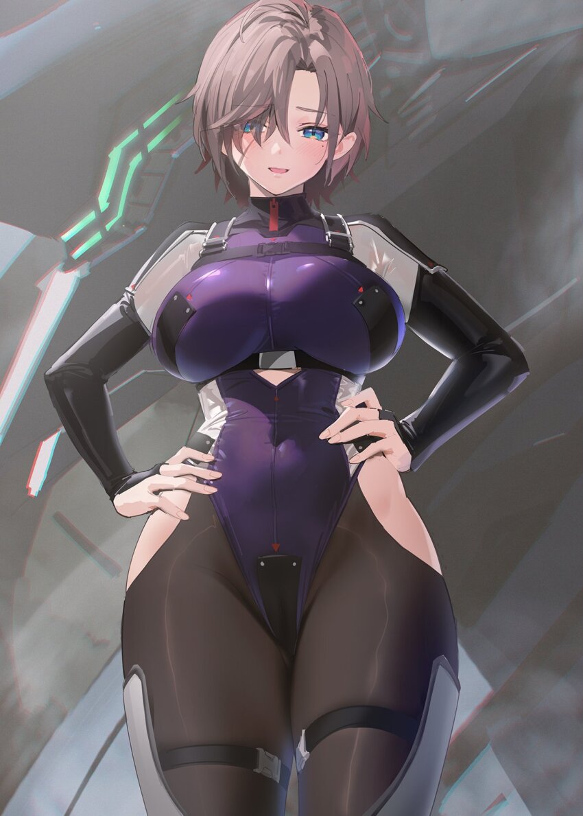 1girl armored_core armored_core_vi:_fires_of_rubicon black_bridal_gauntlets black_pantyhose blue_eyes breasts bridal_gauntlets brown_hair commentary_request genderswap genderswap_(mtf) hand_on_own_hip hands_on_own_hips highres hip_vent impossible_clothes impossible_leotard large_breasts leotard looking_at_viewer mole mole_under_eye pantyhose parted_bangs purple_leotard scar scar_on_face short_hair solo upper_body v.iv_rusty yd_(orange_maru)