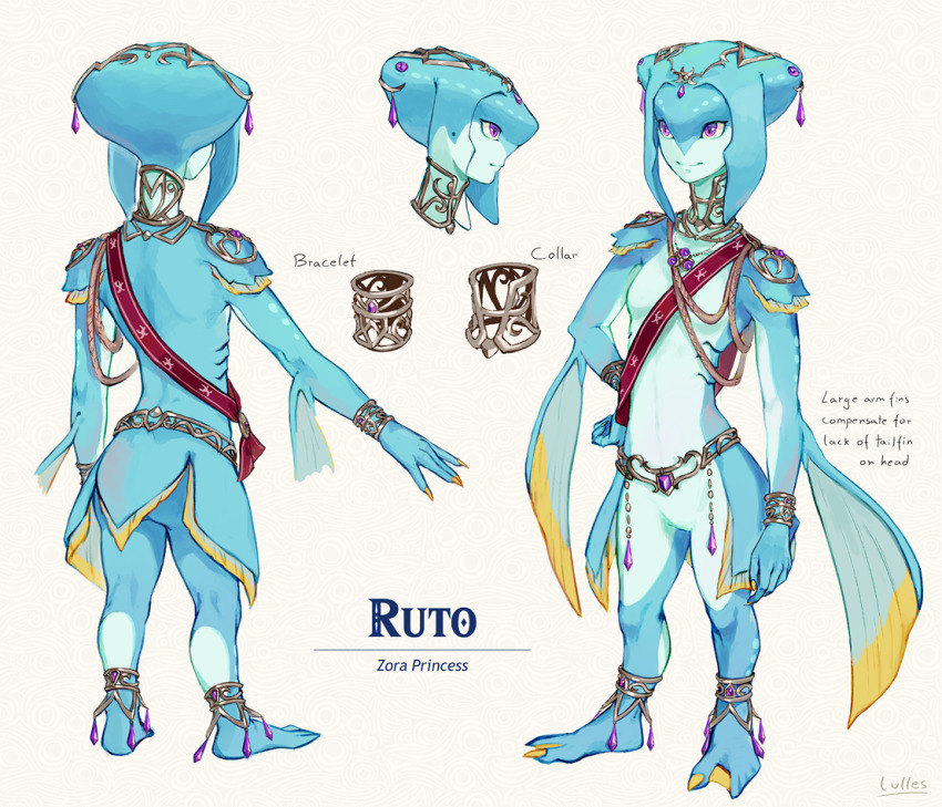 1girl anklet blue_skin bracelet reference_sheet collar colored_skin fins fish_girl gills jewelry luisa_rafidi nintendo princess_ruto redesign smile standing the_legend_of_zelda the_legend_of_zelda:_breath_of_the_wild zora