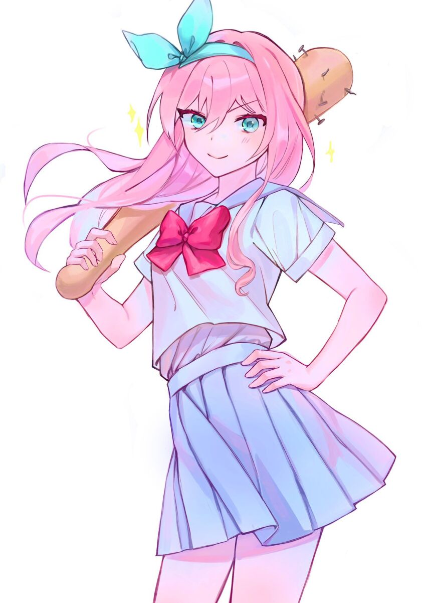 1girl alternate_costume aqua_hairband aubrey_(faraway)_(omori) aubrey_(omori) bad_link baseball_bat blue_skirt blush bow bow_hairband bowtie closed_mouth cowboy_shot green_eyes grey_sailor_collar hair_between_eyes hair_over_shoulder hairband hand_on_own_hip high-waist_skirt highres holding holding_baseball_bat kirakira_brey long_hair looking_at_viewer miniskirt nail nail_(hardware) nail_bat omori pleated_skirt red_bow red_bowtie sailor_collar school_uniform shirt shirt_tucked_in short_sleeves simple_background single_eyebrow skirt smile solo source_request sparkle v-shaped_eyebrows white_background white_shirt