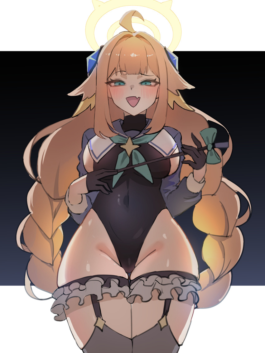 1girl ahoge black_leotard blue_archive blue_shrug braid braided_twintails covered_navel fang feather_hair feathers frilled_thigh_strap gloves half_gloves halo highleg highleg_leotard highres holding holding_riding_crop leotard long_hair looking_at_viewer low_twin_braids musclexm official_alternate_costume orange_hair riding_crop semi-rimless_eyewear shimiko_(blue_archive) shimiko_(magical)_(blue_archive) shrug_(clothing) skin_fang smile solo super_highleg thigh_strap triangle_mouth twin_braids yellow_feathers yellow_halo