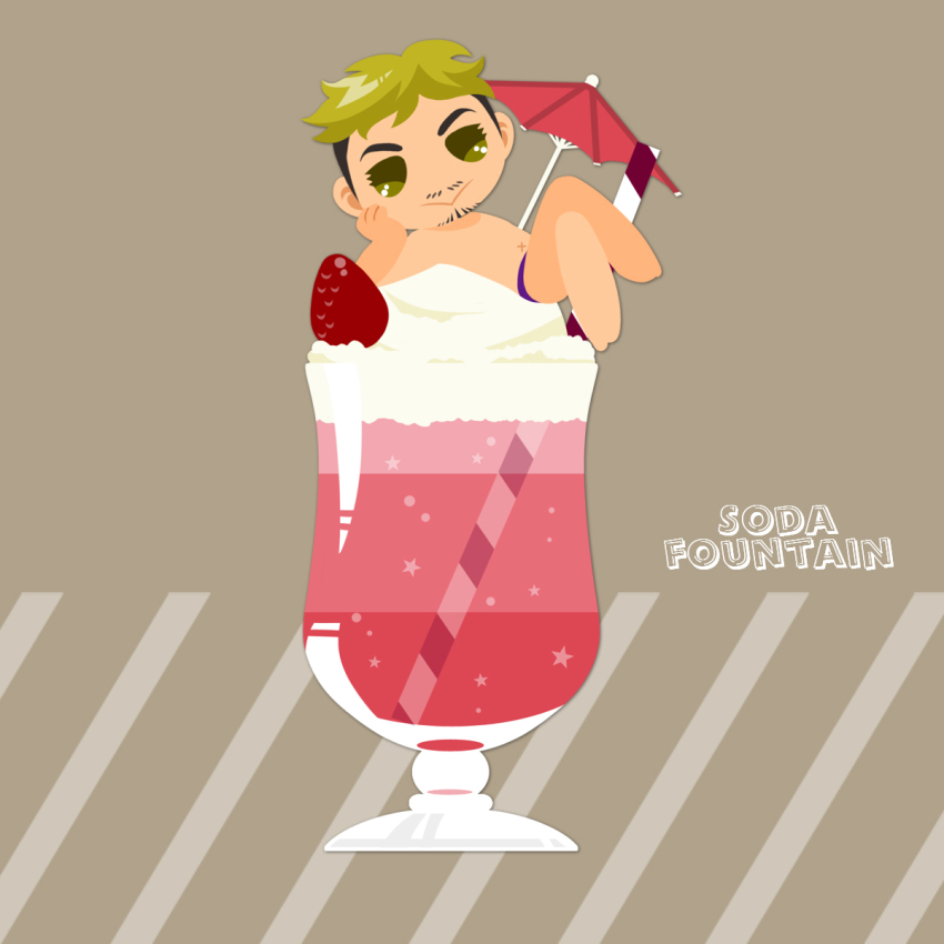 1boy :&gt; blonde_hair chibi christophe_giacometti cocktail_umbrella cup drinking_glass drinking_straw english_text facial_hair food fruit green_eyes head_rest highres ice_cream ice_cream_float kaorin_minogue male_focus mini_person miniboy strawberry yuri!!!_on_ice