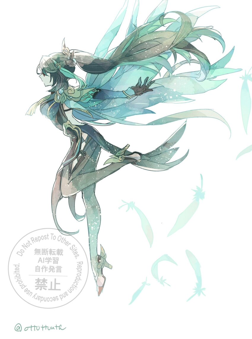 1girl arched_back arms_behind_back backless_dress backless_outfit black_gloves black_hair black_pantyhose blue_sleeves breasts colored_inner_hair commentary dress feathers from_side full_body genshin_impact gloves green_feathers green_hair hair_ornament high_heels highres large_breasts leg_up long_hair looking_ahead multicolored_hair neck_tassel ottottouta pantyhose ponytail red-framed_eyewear simple_background solo symbol-only_commentary twitter_username two-tone_hair very_long_hair watercolor_effect watermark white_background xianyun_(genshin_impact)