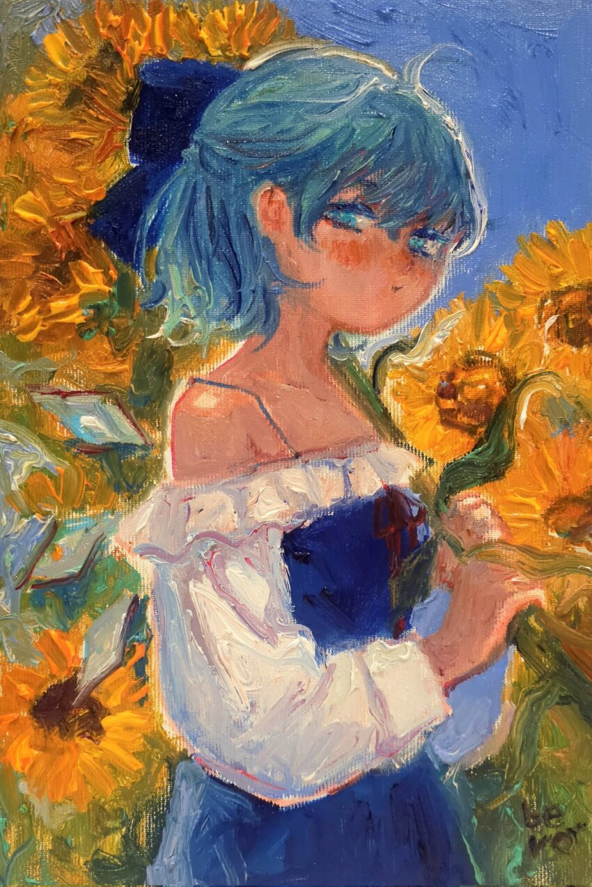 1girl blue_dress blue_eyes blue_hair blue_sky blush bow cirno closed_mouth dress flower frills hair_bow highres ice ice_wings long_sleeves looking_at_viewer painting_(medium) pout sky solo sunflower svveetberry touhou traditional_media wings