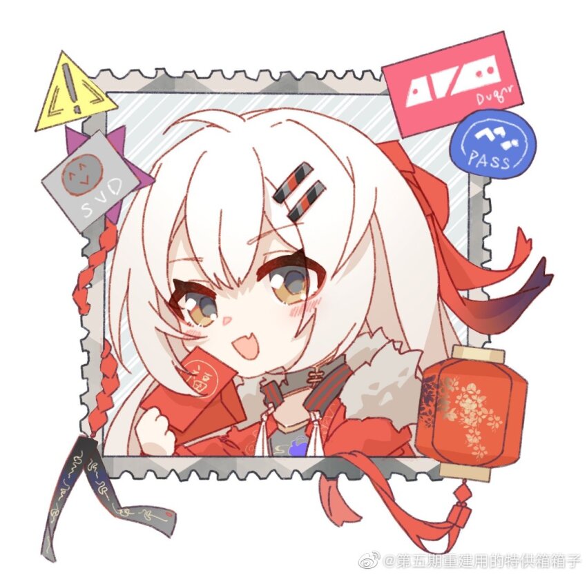 1girl coat girls&#039;_frontline hongbao lantern long_hair long_sleeves open_mouth red_coat solo svd_(girls&#039;_frontline) white_hair