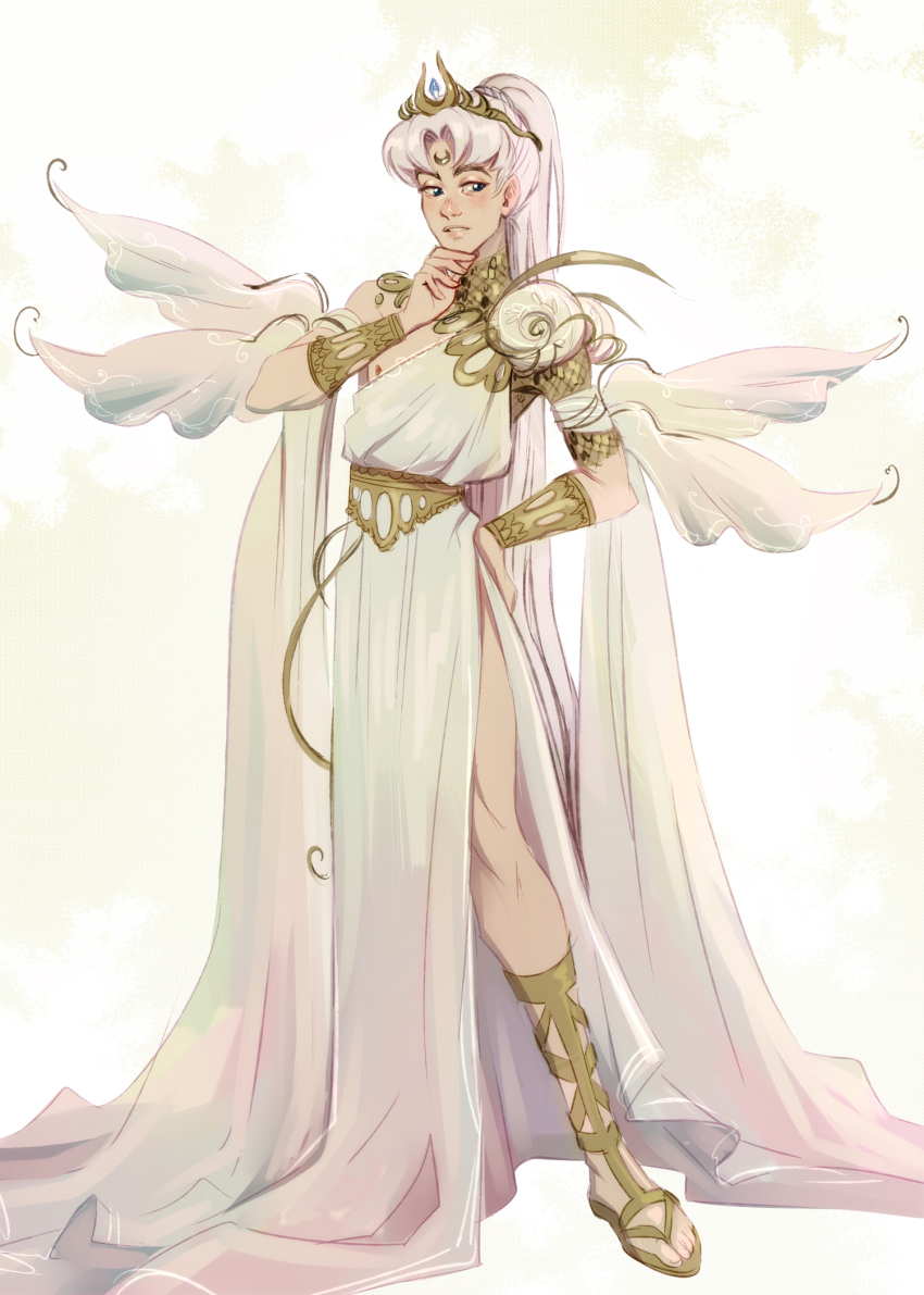 1boy ancient_greek_clothes bishoujo_senshi_sailor_moon bishounen chiton crescent crescent_facial_mark dress facial_mark forehead_mark full_body genderswap genderswap_(ftm) greco-roman_clothes hair_intakes highres long_dress long_hair princess_serenity ripushko sandals side_glance simple_background solo standing tiara toga very_long_hair white_dress white_hair
