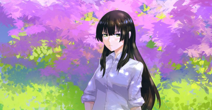 10s 1girl arsenixc bad_id bad_twitter_id black_hair brown_eyes female_focus frown kujou_sakurako_(sakurako) long_hair mole mole_under_eye sakurako-san_no_ashimoto_ni_wa_shitai_ga_umatteiru sleeves_rolled_up solo tree tree_shade