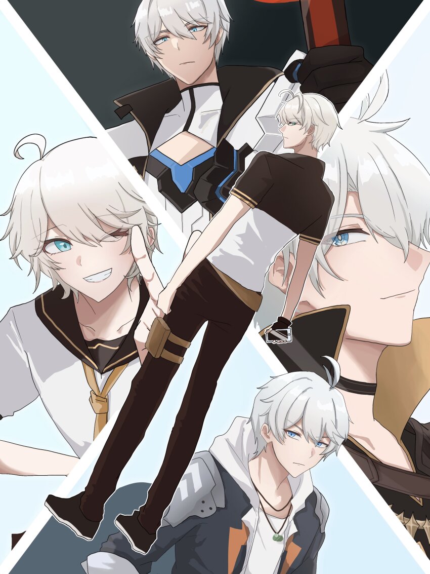 0310_awawa 1boy absurdres black_gloves black_jacket black_sailor_collar black_shoes blue_eyes brown_pants cellphone fingerless_gloves gloves grey_hair grin hair_between_eyes highres holding holding_phone honkai_(series) honkai_impact_3rd hood hood_down hooded_jacket jacket kevin_kaslana male_focus multiple_views one_eye_closed pants phone puffy_short_sleeves puffy_sleeves sailor_collar shirt shoes short_sleeves single_glove smile standing white_jacket white_shirt