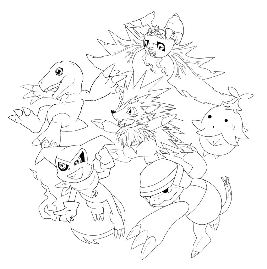 agumon digimon digimon_(creature) herissmon impmon kamemon lalamon leaf open_mouth petals picodevimon plant