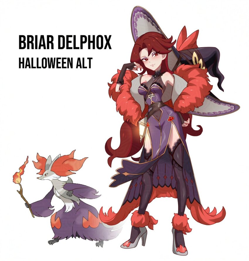 1girl alternate_color black_gloves black_thighhighs branch breasts briar_beauty character_name commentary cosplay creature_and_personification creatures_(company) crossover delphox delphox_(cosplay) english_commentary english_text ever_after_high eyeliner fingerless_gloves fire flaming_weapon game_freak gen_6_pokemon gloves hat high_heels highres holding holding_branch long_hair makeup medium_breasts nintendo personification pokemon red_eyes red_hair rhymewithray shiny_pokemon thighhighs very_long_hair white_background witch witch_hat