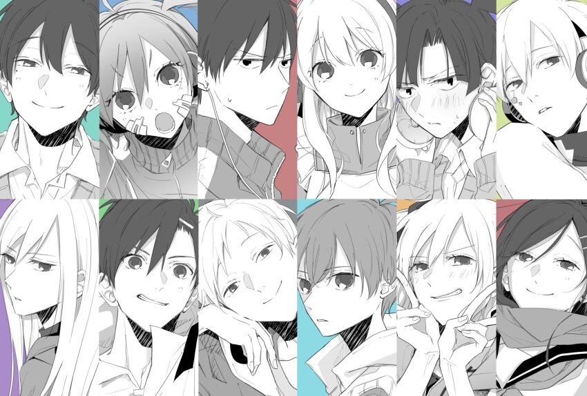 6+boys 6+girls :o adjusting_headphones amamiya_hibiya apron aqua_background arrow_(symbol) arrow_print bangs_pinned_back cardigan closed_mouth collage collared_dress collared_shirt commentary curtained_hair double-parted_bangs double_v dress ene_(kagerou_project) enomoto_takane facial_mark fingernails frilled_apron frills frown green_background grey_background greyscale_with_colored_background grin hair_between_eyes hair_ornament hairclip hand_on_own_face head_tilt headphones highres jacket kagerou_project kano_shuuya kido_tsubomi kisaragi_momo kisaragi_shintarou kokonose_haruka konoha_(kagerou_project) kozakura_marry long_sleeves looking_at_viewer looking_to_the_side lower_teeth_only multicolored_background multiple_boys multiple_girls neck_warmer neckerchief open_clothes open_collar open_jacket open_mouth orange_background parted_lips portrait purple_background red_background sailor_collar saito_shiorii scarf school_uniform serafuku serious seto_kousuke shirt sleeveless sleeveless_jacket smile smug sweat tareme tateyama_ayano teeth track_jacket twintails v zipper zipper_pull_tab