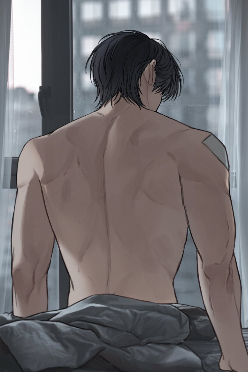 1boy black_hair blurry comforter depth_of_field from_behind hand_on_bed head_down highres looking_ahead male_focus morning on_bed original short_hair sitting solo toned toned_male topless_male upper_body window zco111
