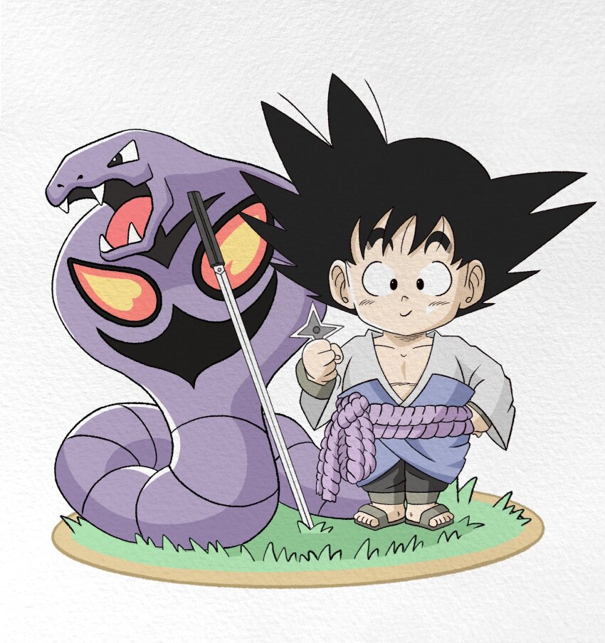 1boy arbok black_eyes black_hair black_pants cosplay crossover dragon_ball fangs gen_1_pokemon grass grey_sandals highres katana naruto_(series) naruto_shippuuden nintendo open_mouth pants planted planted_sword planted_weapon pokemon pokemon_(creature) sandals shuriken snake son_goku sword uchiha_sasuke uchiha_sasuke_(cosplay) weapon wesatinthecar