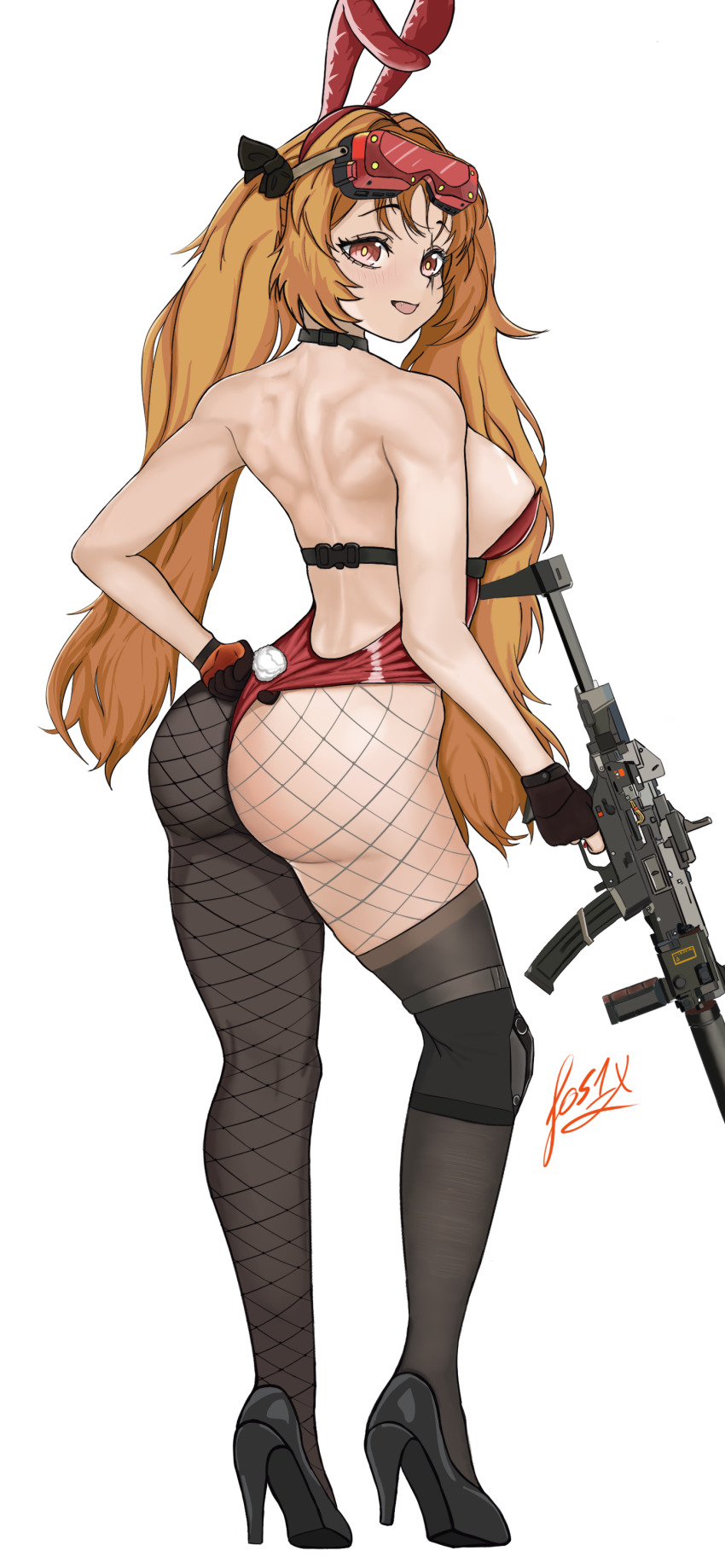 1girl absurdres alternate_costume ass ass_focus bare_shoulders blush breasts fingerless_gloves fishnet_pantyhose fishnets fos1x from_behind girls&#039;_frontline girls&#039;_frontline_2:_exilium gloves high_heels highres huge_ass large_breasts lenna_(girls&#039;_frontline_2) leotard long_hair looking_at_viewer looking_back open_mouth orange_hair pantyhose playboy_bunny rabbit_ears rabbit_tail red_eyes sideboob smile solo tail thick_thighs thighs thong_leotard transparent_background twintails ump45 ump45_(girls&#039;_frontline) ump9_(girls&#039;_frontline) very_long_hair weapon