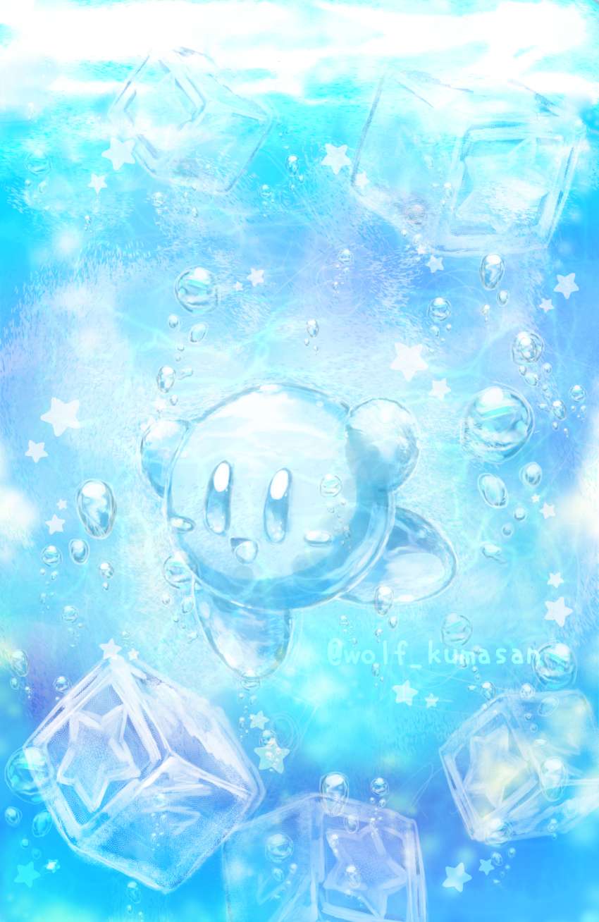 :d air_bubble arms_up artist_name bubble commentary_request full_body highres kirby kirby_(series) kumaoka_pon looking_at_viewer nintendo no_humans open_mouth smile star_(symbol) star_block transparent twitter_username underwater water