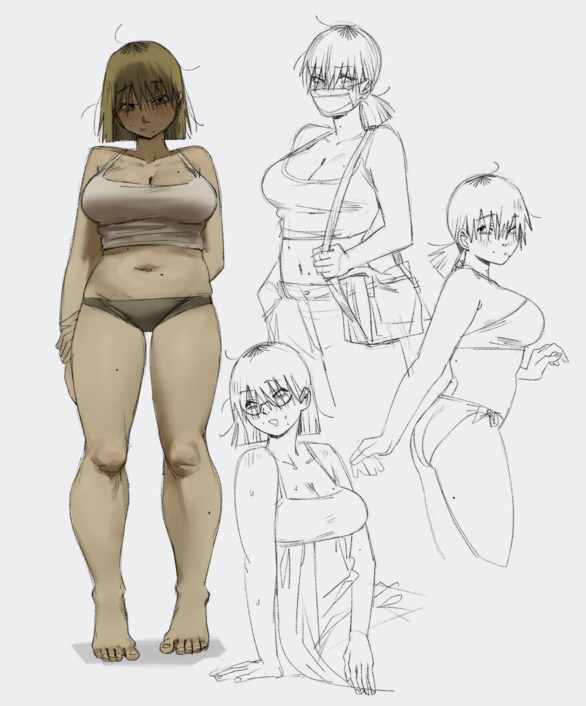 1girl bag bikini blonde_hair breasts grey_panties gutalalaman highres large_breasts mask mole mole_on_breast mole_under_mouth mouth_mask multiple_views original panties penny_(gutalalaman) short_hair shoulder_bag surgical_mask swimsuit tank_top underwear white_background white_tank_top