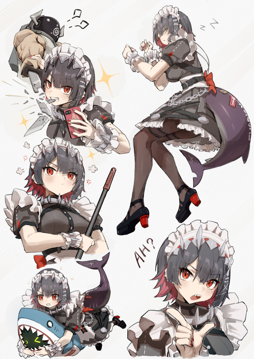 &gt;_&lt; 1boy 1girl :o absurdres anger_vein black_footwear black_hair blade_catching blush breasts broken broken_sword broken_weapon brown_pantyhose cellphone commentary_request dodo_(yatotoyatoto) dress ellen_joe fins fish_tail frilled_dress frills grey_background grey_dress grin hair_ornament hairclip hands_up helm helmet highres holding holding_phone holding_sword holding_weapon horns hugging_object lying maid maid_headdress medium_breasts mole mole_under_eye multicolored_hair muscular muscular_male nail_polish on_side open_mouth pantyhose parted_lips phone puffy_short_sleeves puffy_sleeves red_eyes red_hair red_nails scar scar_on_tail shark_tail sharp_teeth shoe_soles shoes short_sleeves simple_background sleeping smile sparkle sword tail teeth two-tone_hair v-shaped_eyebrows weapon wrist_cuffs x_hair_ornament zenless_zone_zero zzz
