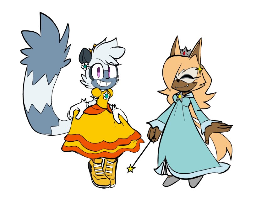 absurdres animal_ears brooch cosplay costume_switch dress earrings gloves highres jewelry mario_(series) nintendo qqlettuce sega shoes sneakers sonic_(series) sonic_the_hedgehog_(idw) super_mario_galaxy super_mario_land tail tangle_the_lemur wand whisper_the_wolf