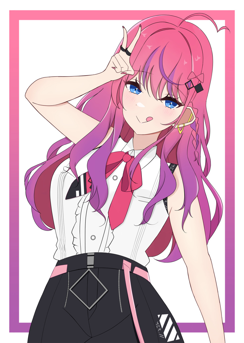 1girl ahoge blue_eyes braid esttea gradient_hair hair_ornament hair_ribbon hairclip highres idios jewelry kuramochi_meruto long_hair multicolored_hair nail_polish nijisanji pink_hair purple_hair red_hair ribbon ring shorts sleeveless virtual_youtuber