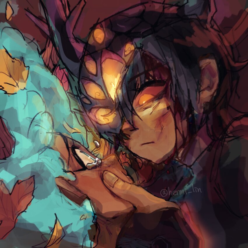 2girls amphibia anne_boonchuy anne_boonchuy_(calamity_form) black_hair blue_eyes blue_hair darcy_(amphibia) dark-skinned_female dark_skin eye_contact fake_horns hand_on_another&#039;s_chin helmet hermi highres horned_helmet horns leaf leaf_on_head looking_at_another multiple_girls orange_eyes serious signature sketch tears